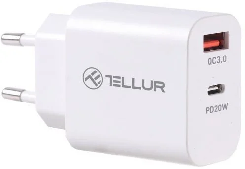 Tellur PDHC101 síťová dvouportová USB nabíječka, PD 20W + QC3.0 18W, bílá
