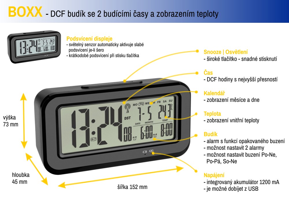 TFA rádiom riadený digitálny budík s automatickým podsvietením 60.2554.01 BOXX TFA60.2554.01