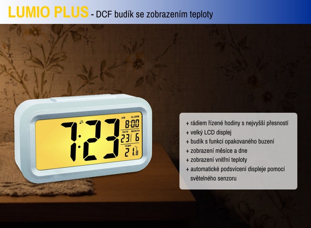TFA rádiom riadený digitálny budík s možnosťou podsvietenia 60.2553.02 LUMIO PLUS - farba biela TFA60.2553.02