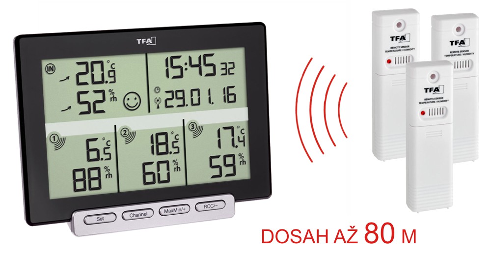 TFA Teplomer a vlhkomer s 3 bezdrôtovými senzory 30.3057.01 MULTI-SENSE TFA30.3057.01