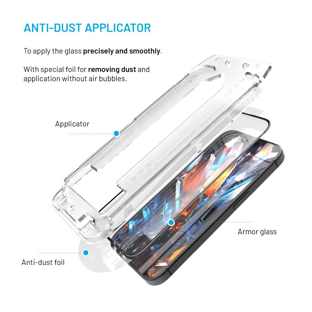 Ultraodolné tvrdené sklo FIXED Armor s aplikátorom proti prachu a vrstvou AR pre Apple iPhone 13/13Pro/14/16e, čierne