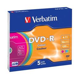 Verbatim DVD-R 16x, 4,7GB, barevný povrch, 5 ks (Slim)