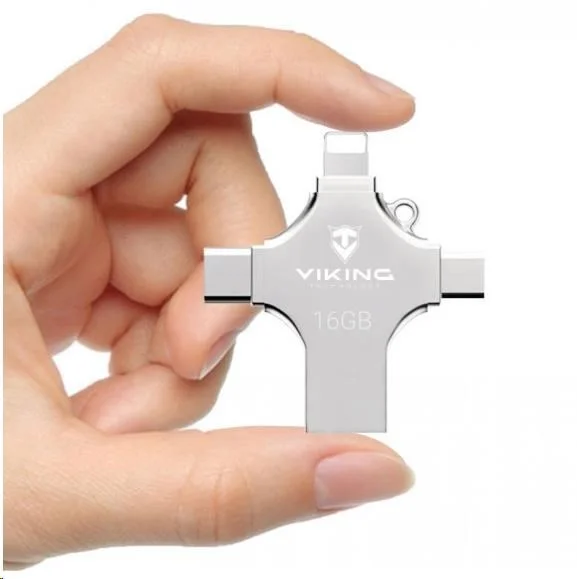 Viking USB Flash disk 3.0 4 v 1 s Lightning/Micro USB/USB/USB-C, 16 GB, strieborný