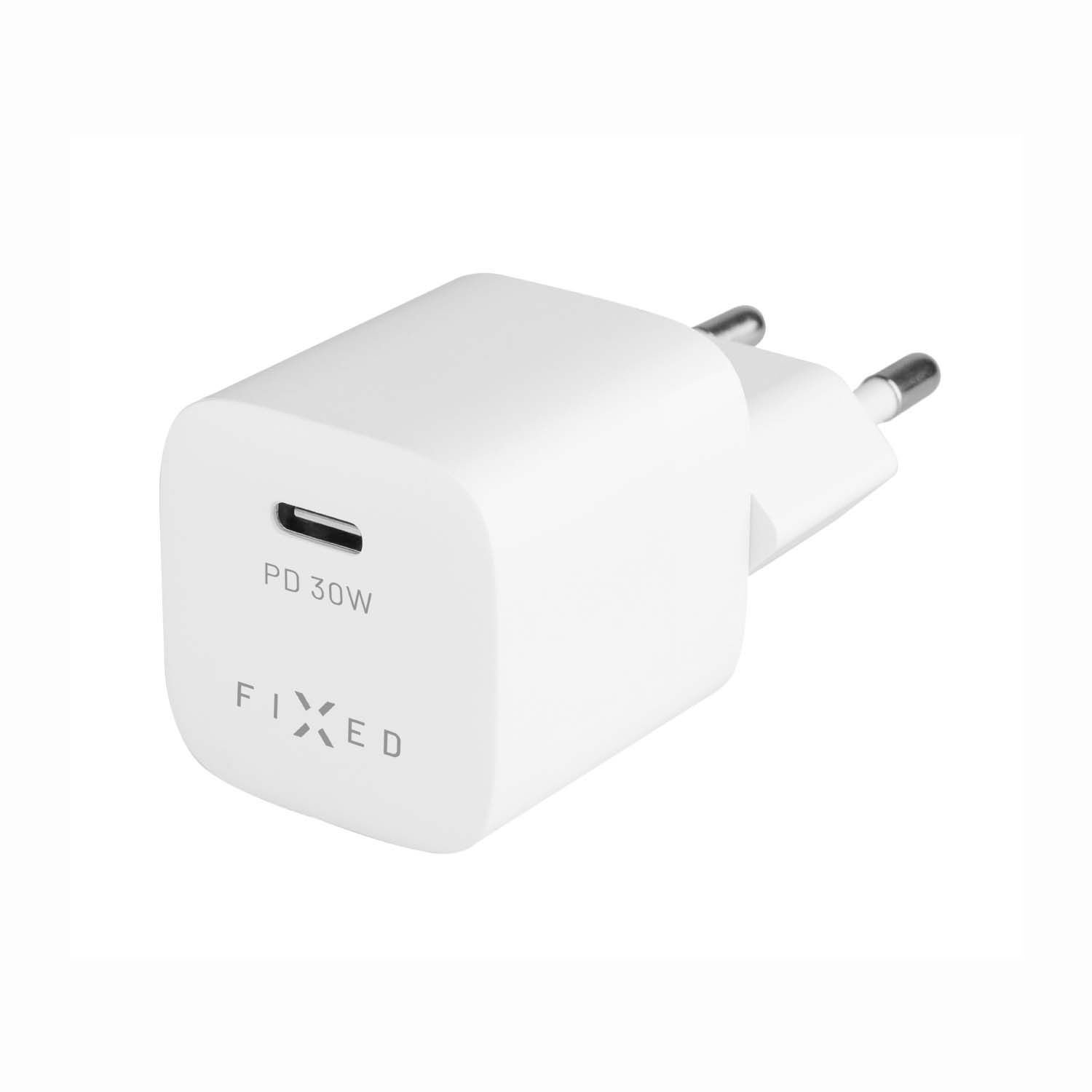 Výstupná nabíjačka FIXED Mini USB-C a sada káblov USB-C/USB-C, podpora PD, 1 meter, 30 W, biela