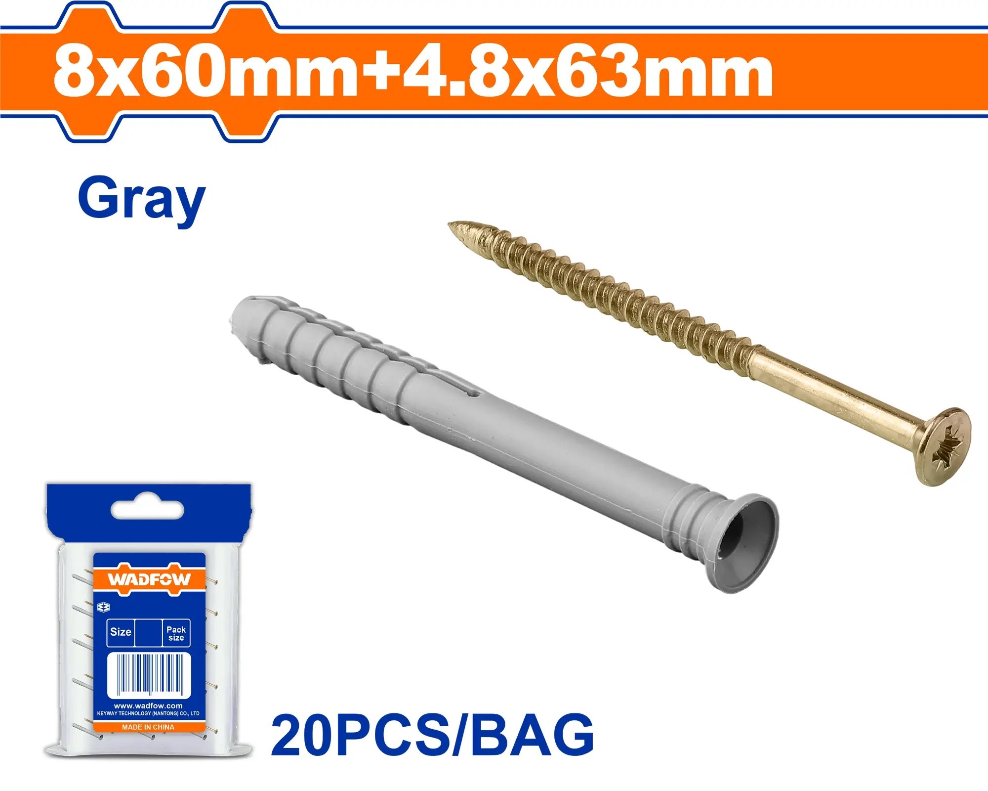 Wadfow Hmoždinka natloukací 8x60mm+vrut 4.8x63mm, sada 20 ks
